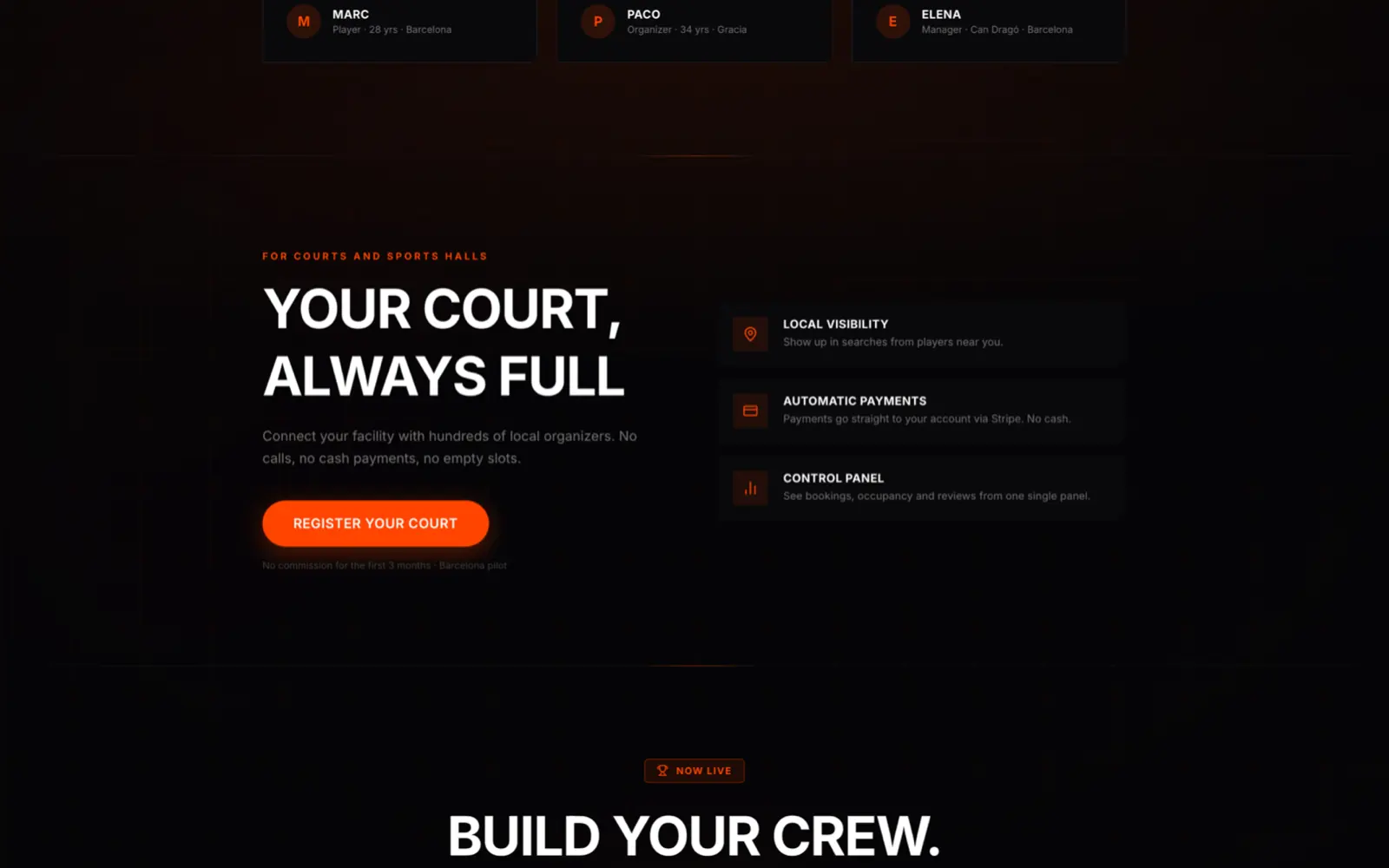futer's section for pitch owners: local visibility, automatic payments, control panel